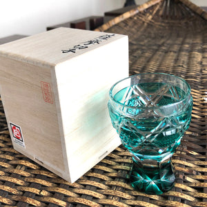 【日本工藝堂】 薩摩切子 日式杯 玻璃杯 洋酒杯 酒杯 威士忌杯 啤酒杯 水杯 「騎馬杯」 綠色 SK-SA-29