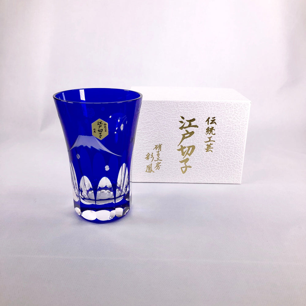 【日本工藝堂】 江戶切子 日式杯 玻璃杯 洋酒杯 酒杯 威士忌杯 啤酒杯 富士山圖案 藍色 Mitsuwa Glass TT-MT-5